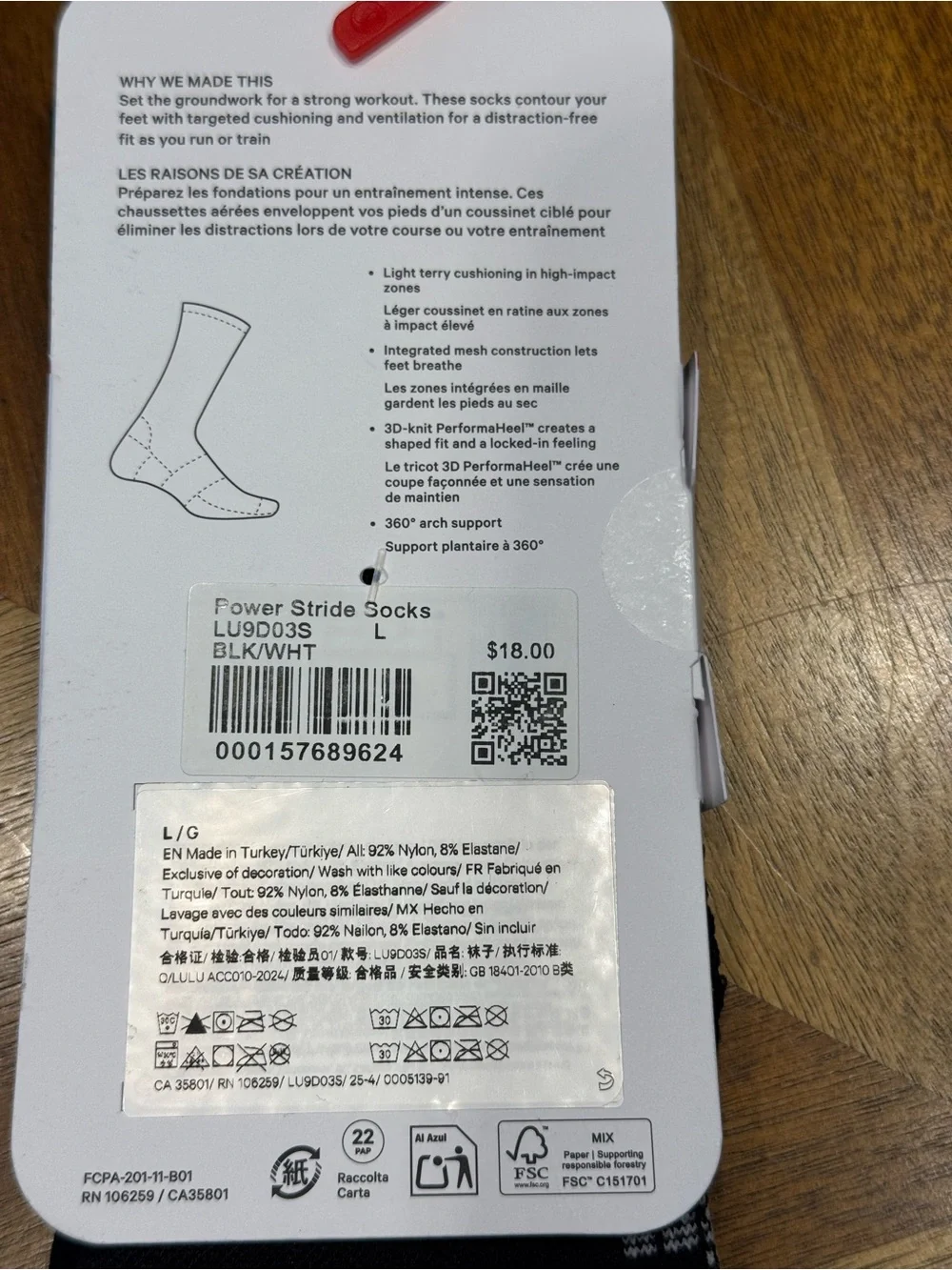 Lululemon Power Stride Crew Socks - Black new unisex Large