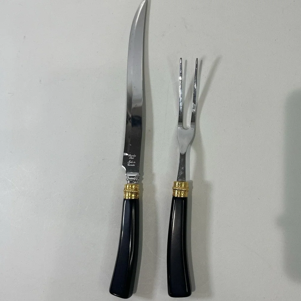 Vintage Glo Hill Carving Set Black Bakelite Gold Stainless Steel Utensils Canada