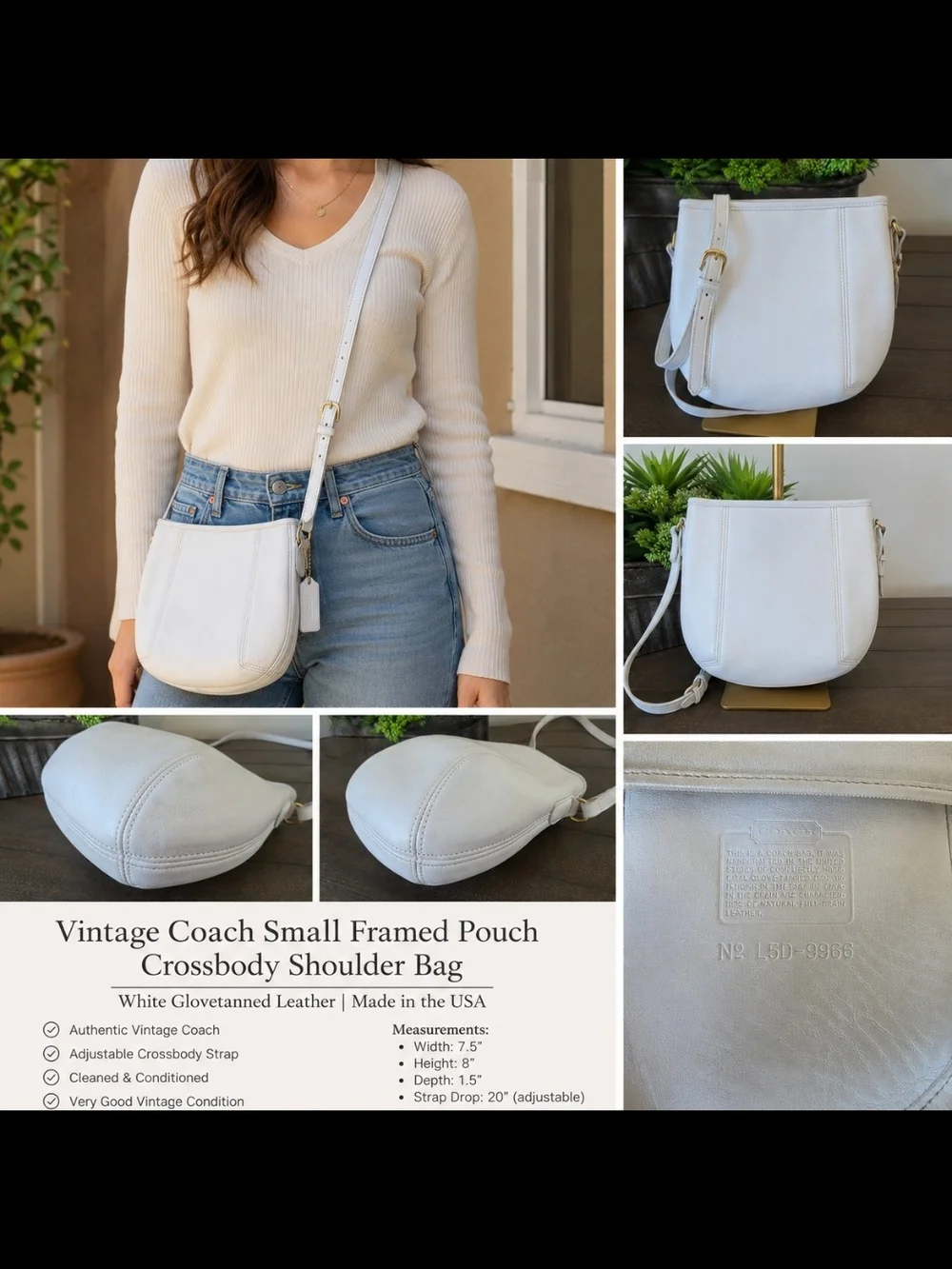 Vintage Coach Small Framed Pouch Crossbody Bag White  Glovetanned Leather USA