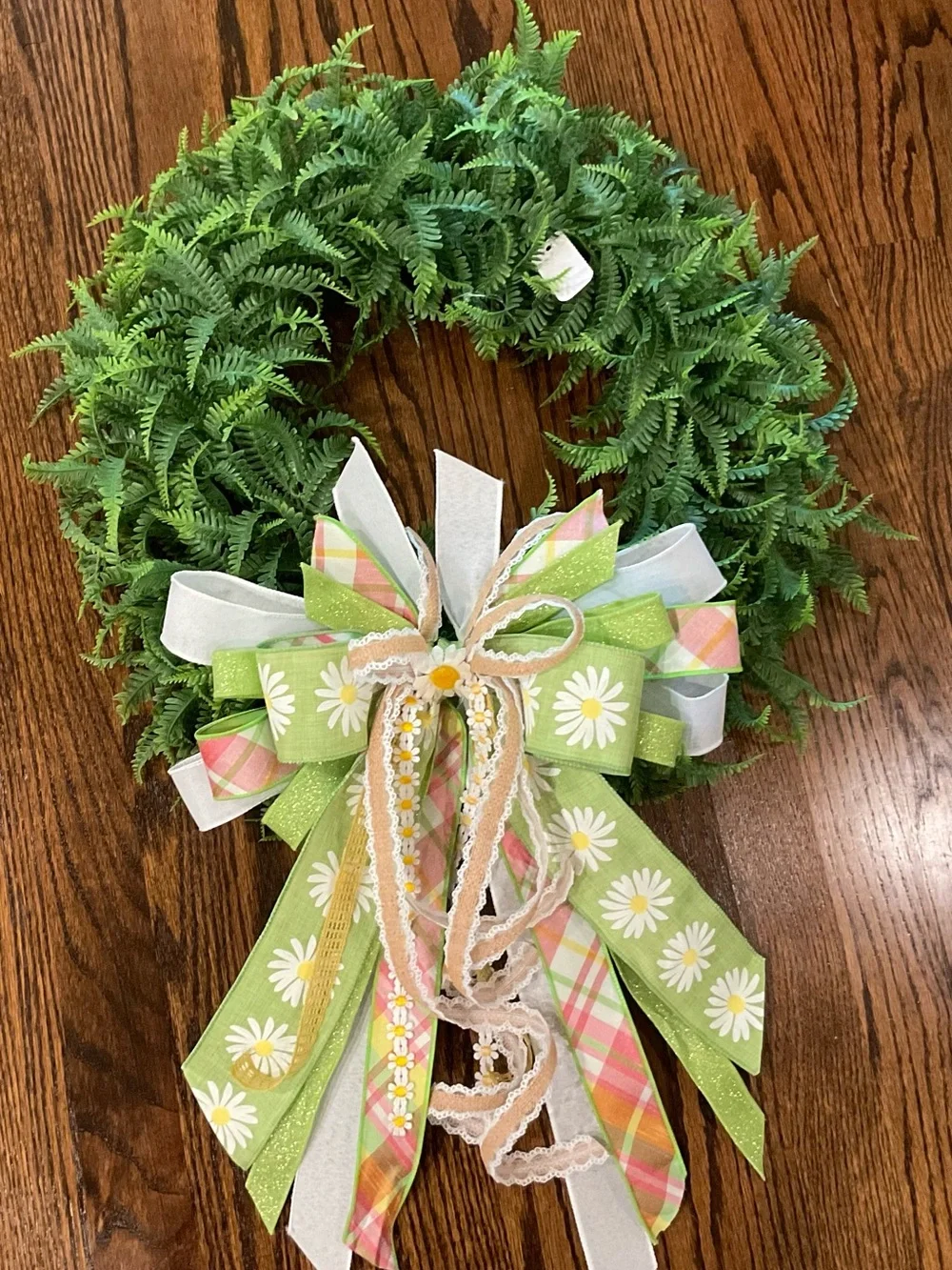 Green Fern Wreath with Daisy Ribbon Bow