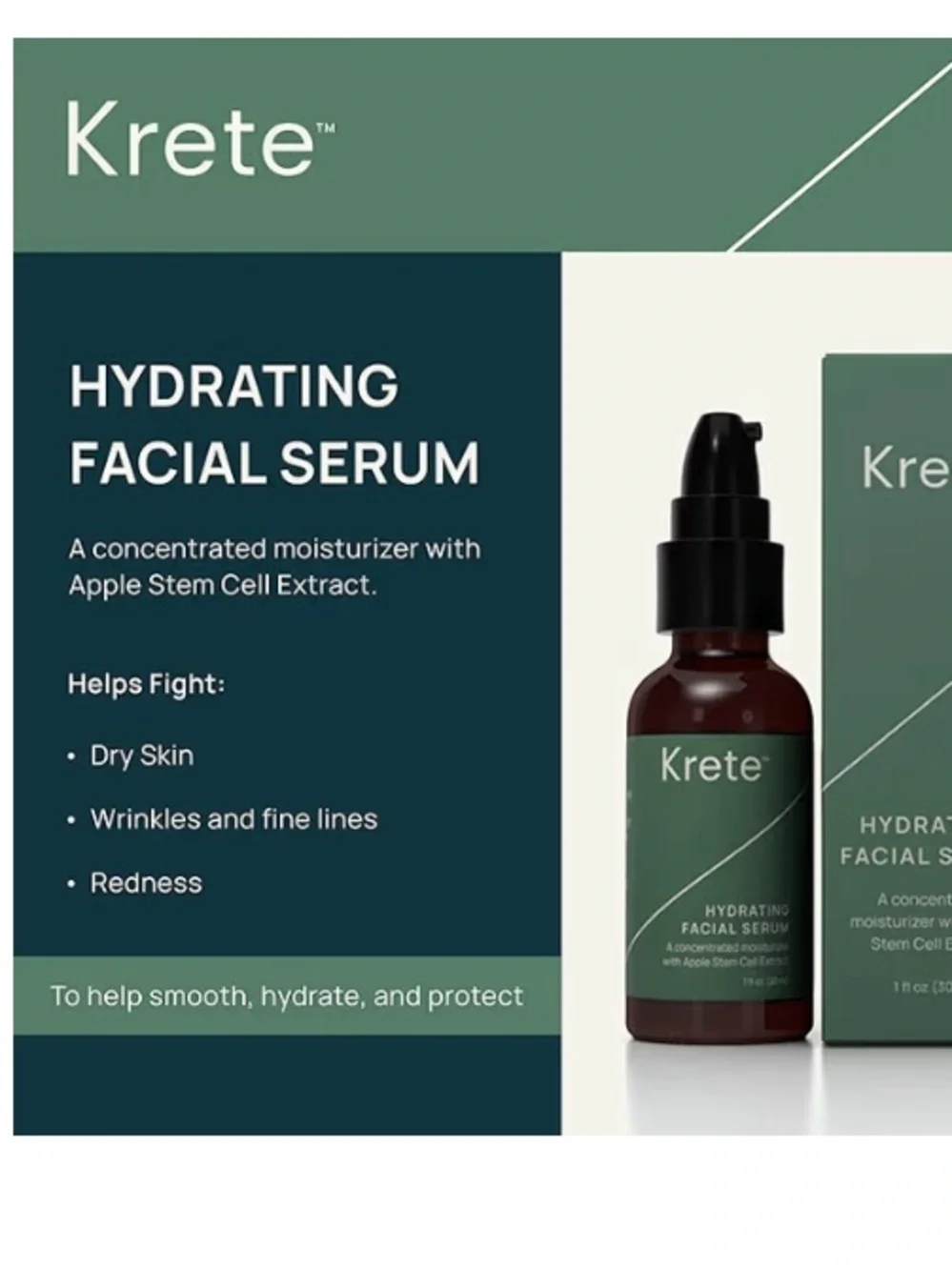 KRETE  Hydrating Facial Serum for Men NWT Apple Stem Cell Extract 1 oz