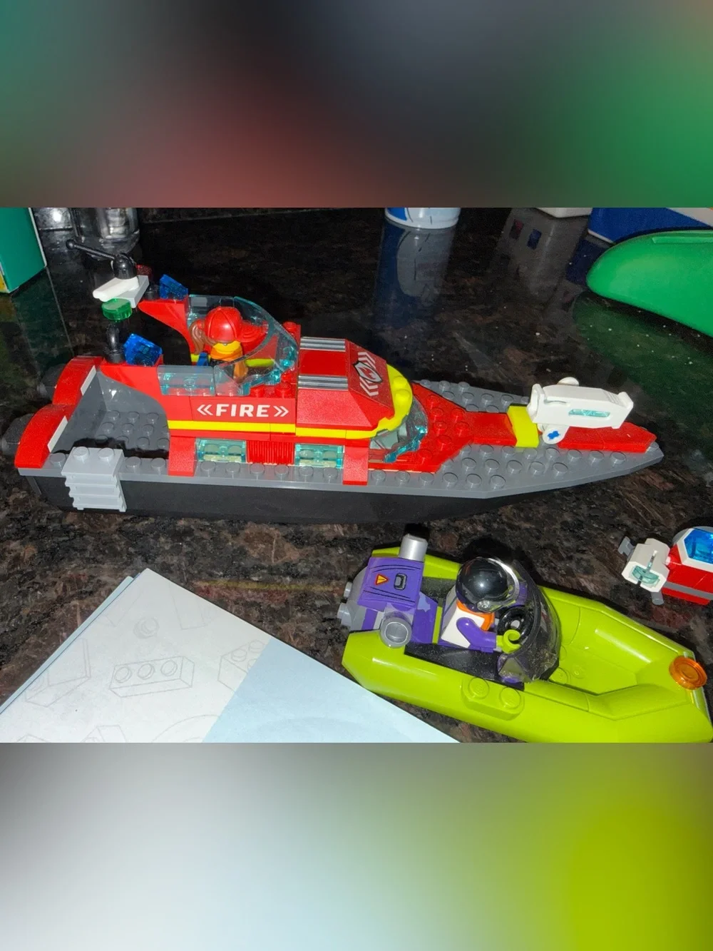 Lego City Red and Green Fire Rescue Boat with Lime Rescue Dinghy, Floats on h2o