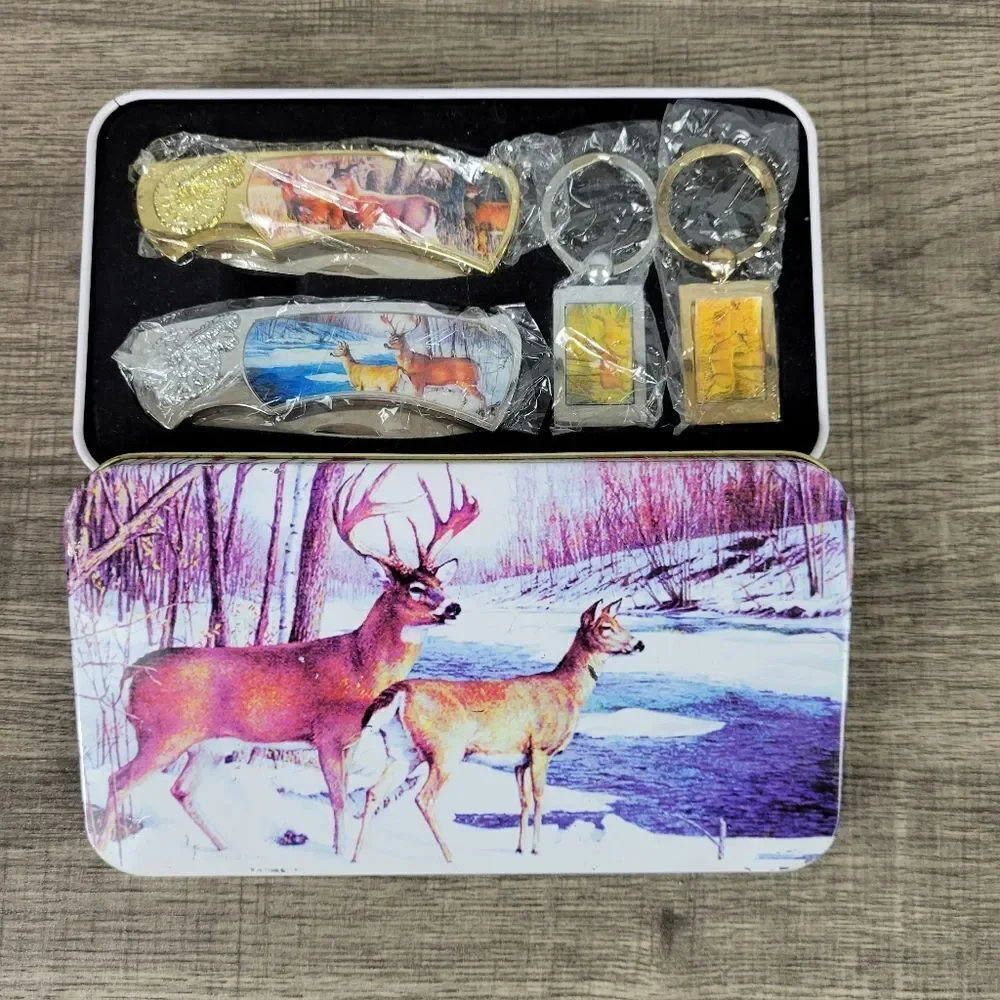 Decorative Folding‎ Knife and Keychain Set with Decorative Tin