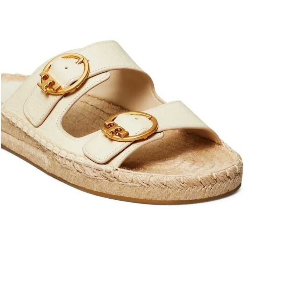 Tory Burch Selby Cream Leather Two Band Espadrille Slides