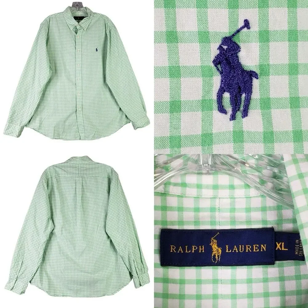 Polo Ralph Lauren Shirt Oxford Button Down Mens Size XL LS Green Gingham