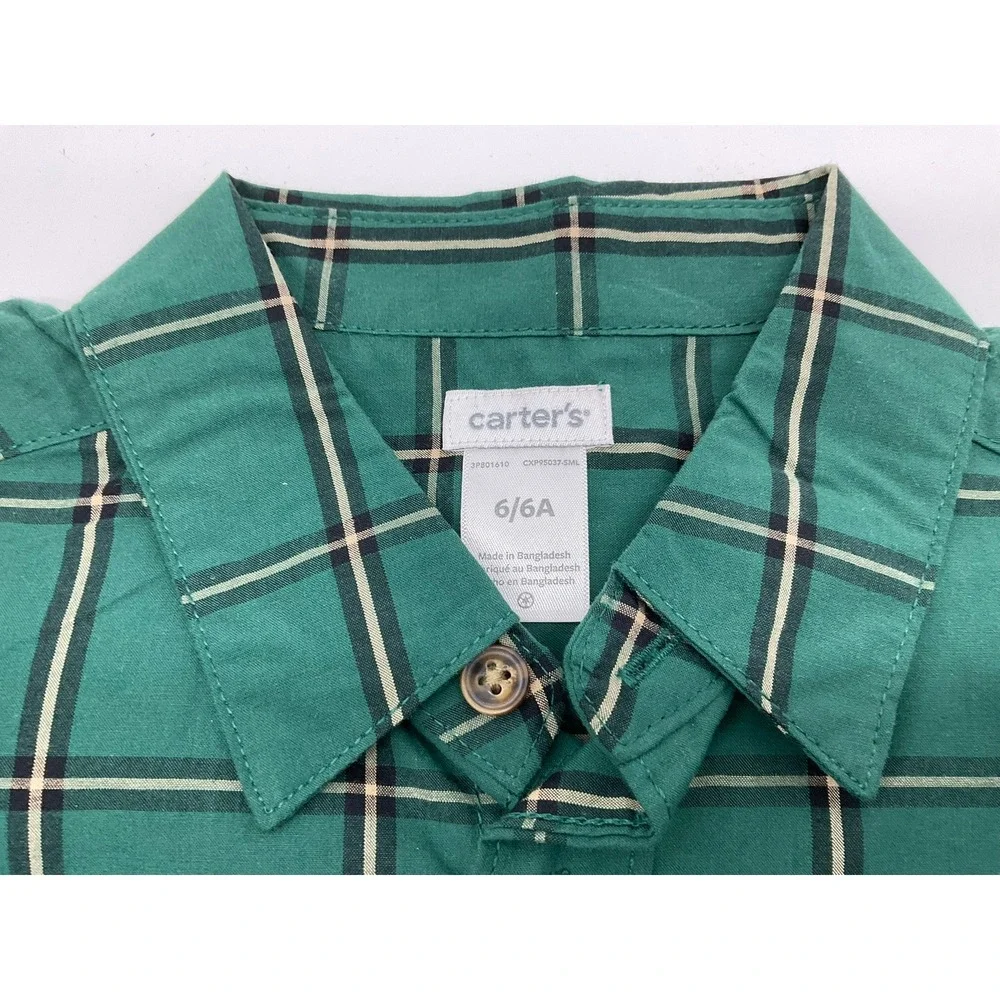 Carters Button Down Shirt Boys 6 Green Red Plaid 2 Pack Holiday School Classic