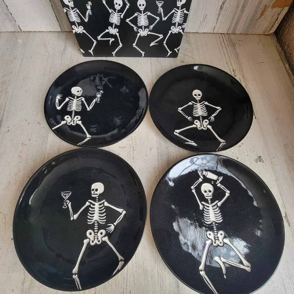 Pottery Barn party skeletons Halloween appetizer plate set decor black‎