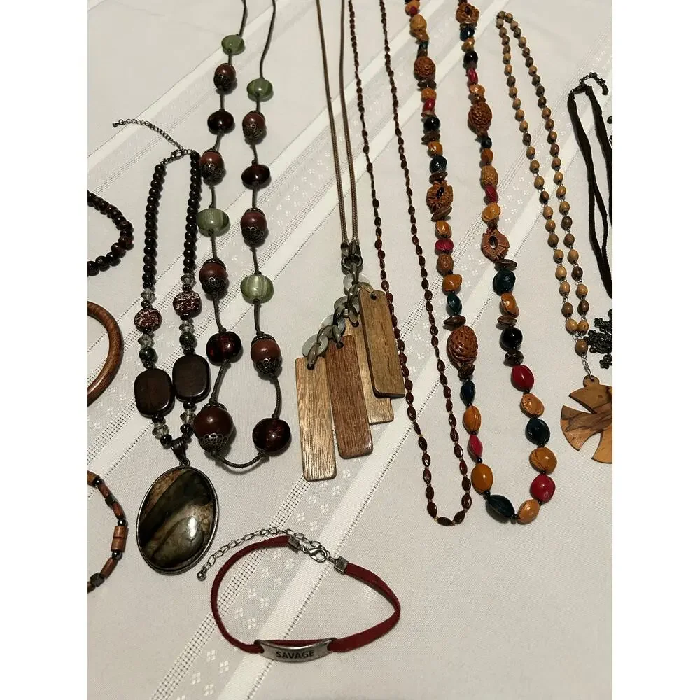 Vintage Nature Mixed Lot 16Pc Wood Leather Seed Bead Necklace Bracelet Lot