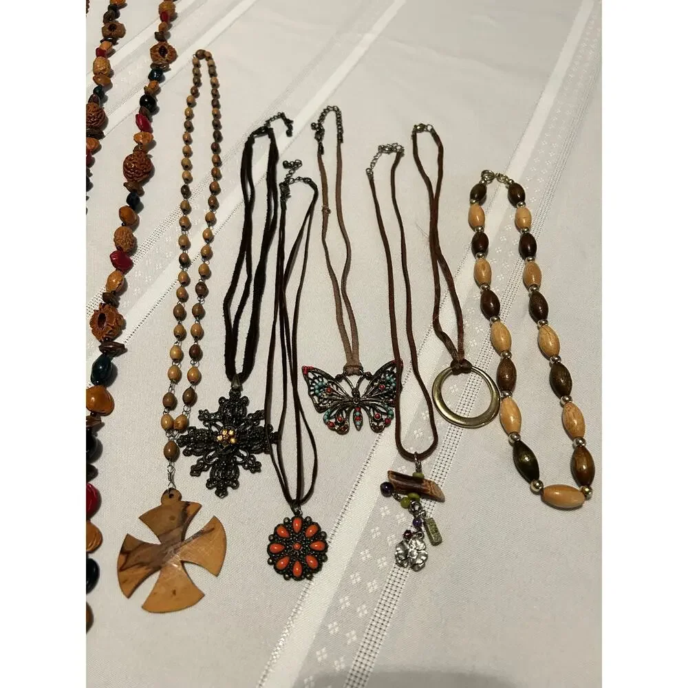 Vintage Nature Mixed Lot 16Pc Wood Leather Seed Bead Necklace Bracelet Lot
