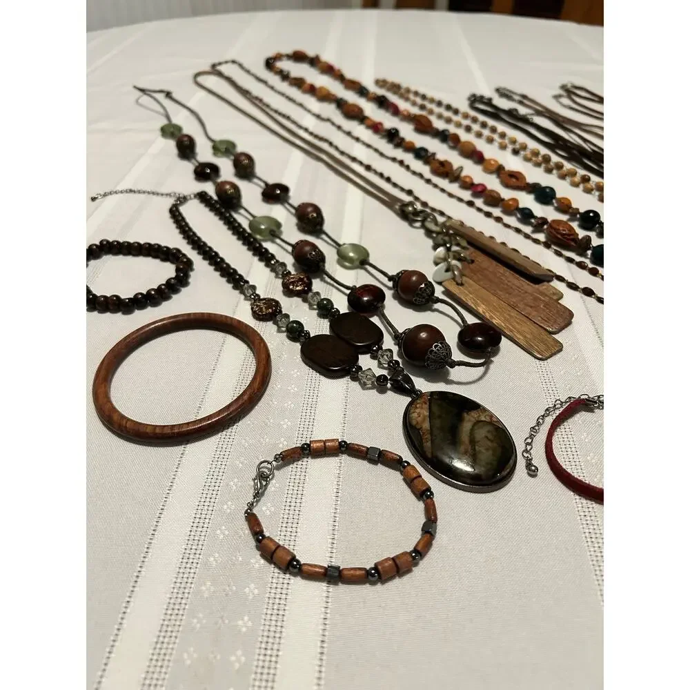 Vintage Nature Mixed Lot 16Pc Wood Leather Seed Bead Necklace Bracelet Lot