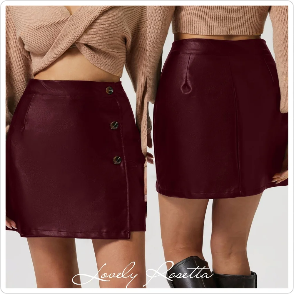 Burgundy High-Rise Mini Skirt with Classic Button Accents