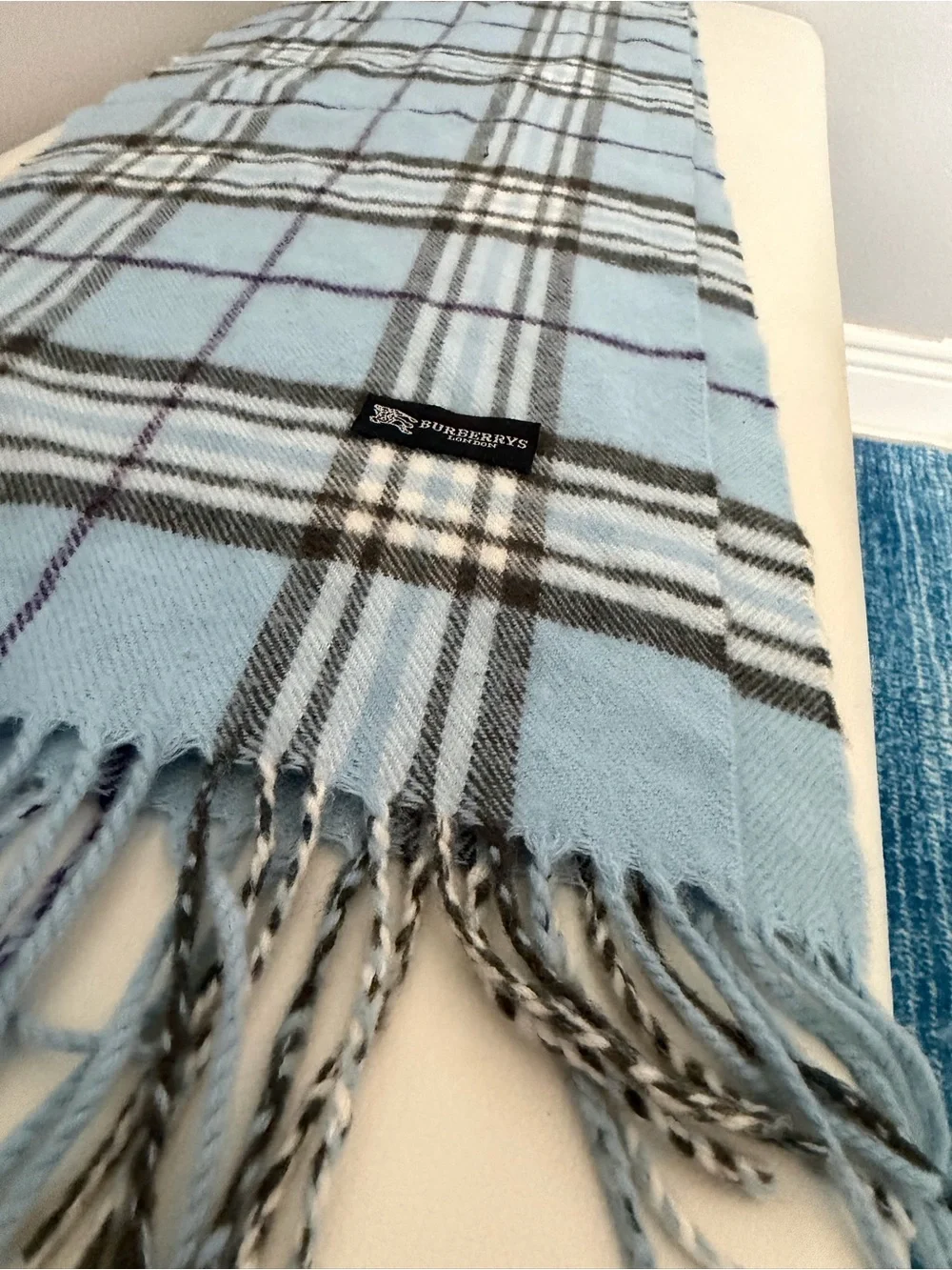 Vintage Burberrys London Light Blue Nova Check Fringe Scarf