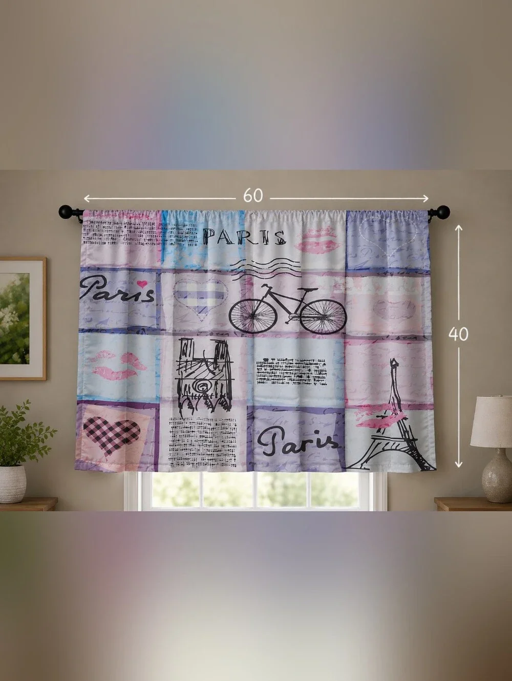 Paris Print Curtain 60x40 - Pastel Pink & Blue