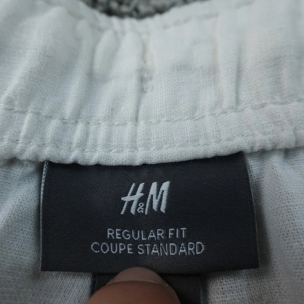 H&M Pants Mens XL White Linen Flat Front Drawstring Elastic Waist Chino Trouser