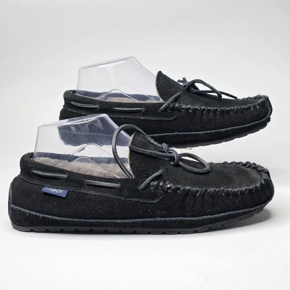 1901 MS Vancouver Men's Slippers Size 7 Black Suede Slip On Faux Fur Moccasin