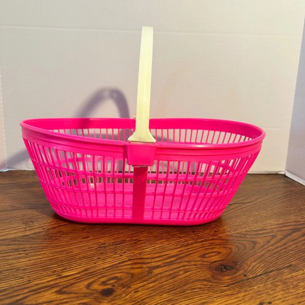Vintage Neon Hot Pink Plastic Easter‎ Basket with Cream Handle 12.5 Inch