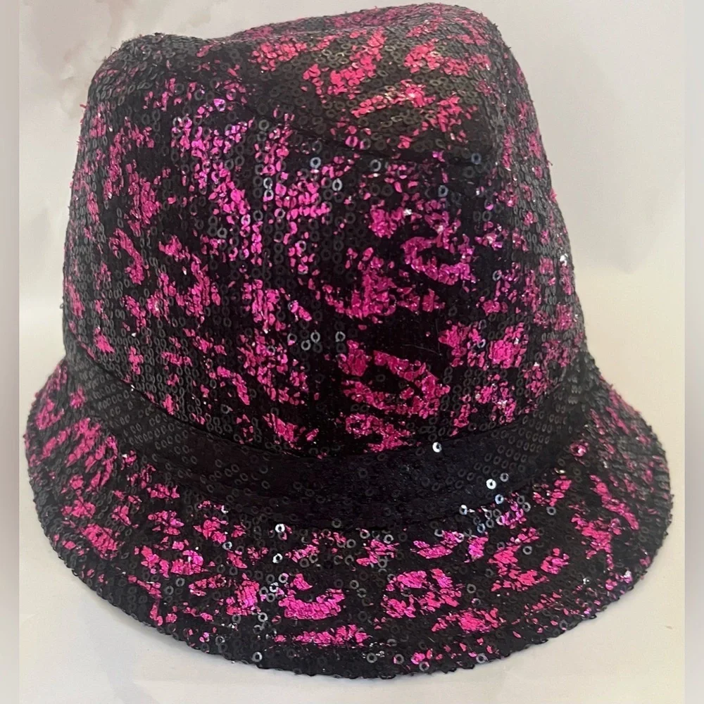 Justice girls pink black sequin fedora hat one size fits most