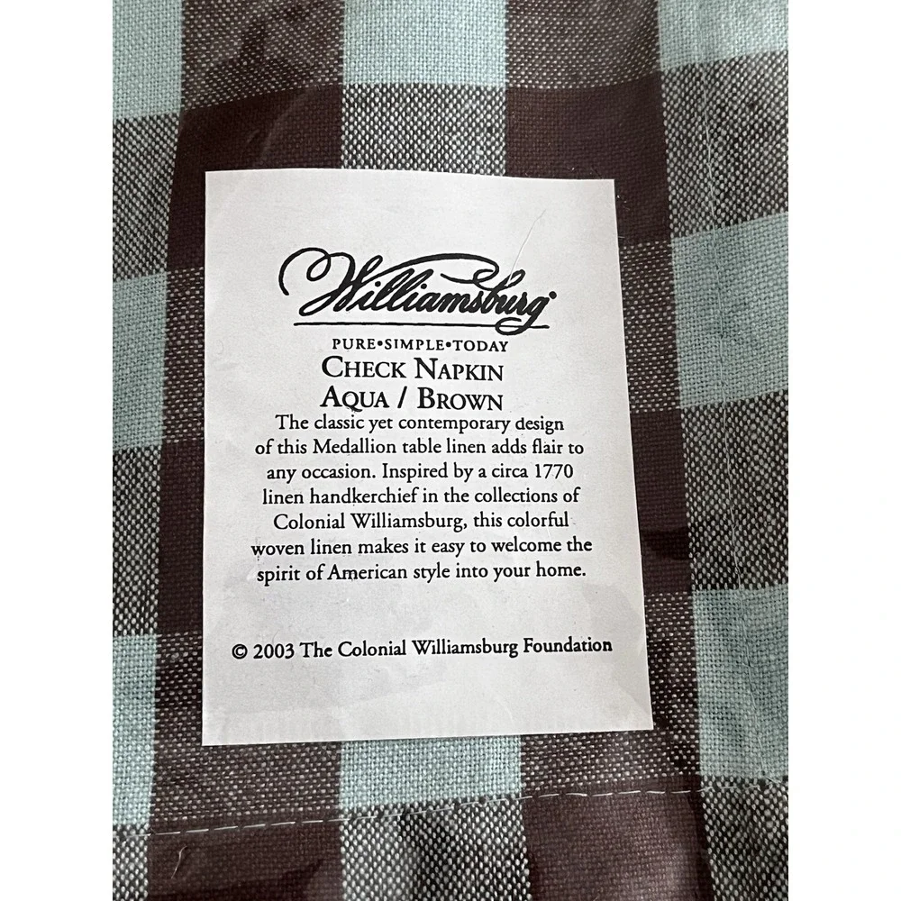 Colonial Williamsburg Check‎ Napkin Aqua Brown 1700 reproduction Americana SET 4