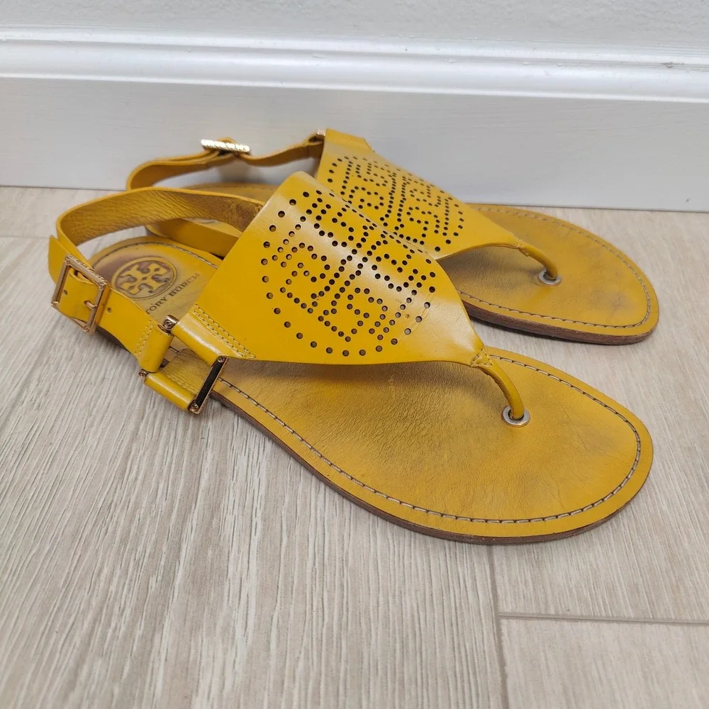 Tory Burch Miller Womens Sandals 9.5 Yellow Leather Laser Cut Logo Preppy