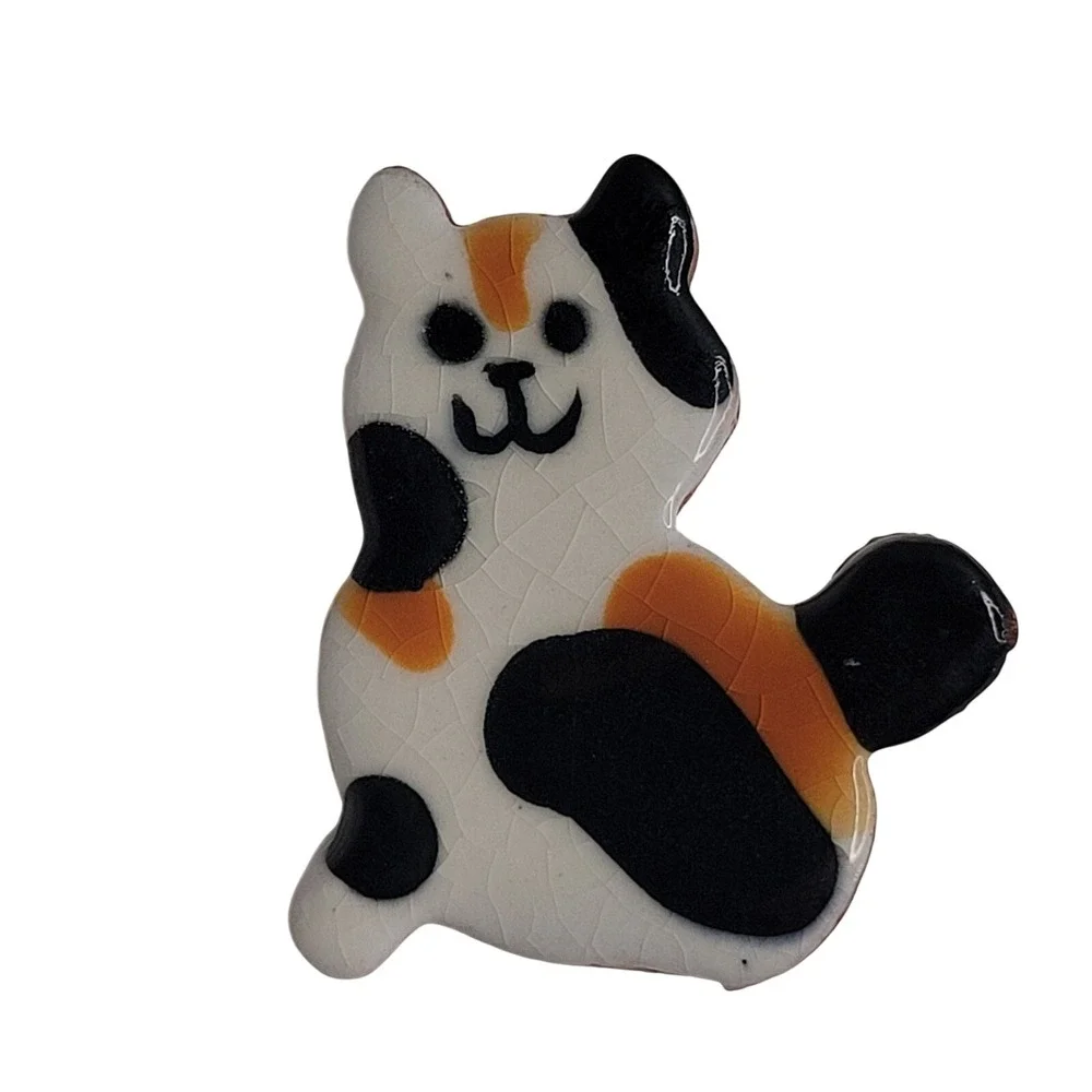 Vintage Hand Painted Calico Cat Brooch Pin Kitty Cute‎ Sweet