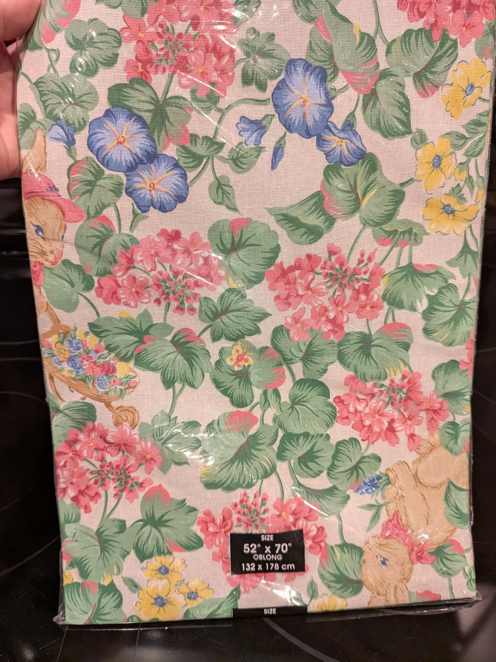 New Old Stock Floral Bunny Vintage Tablecloth - Pink, Green, Blue NIP