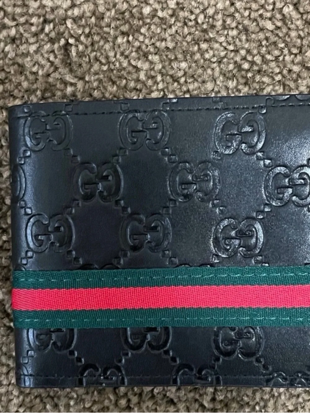 Gucci Black Embossed Leather Card Holder with Red & Green Web