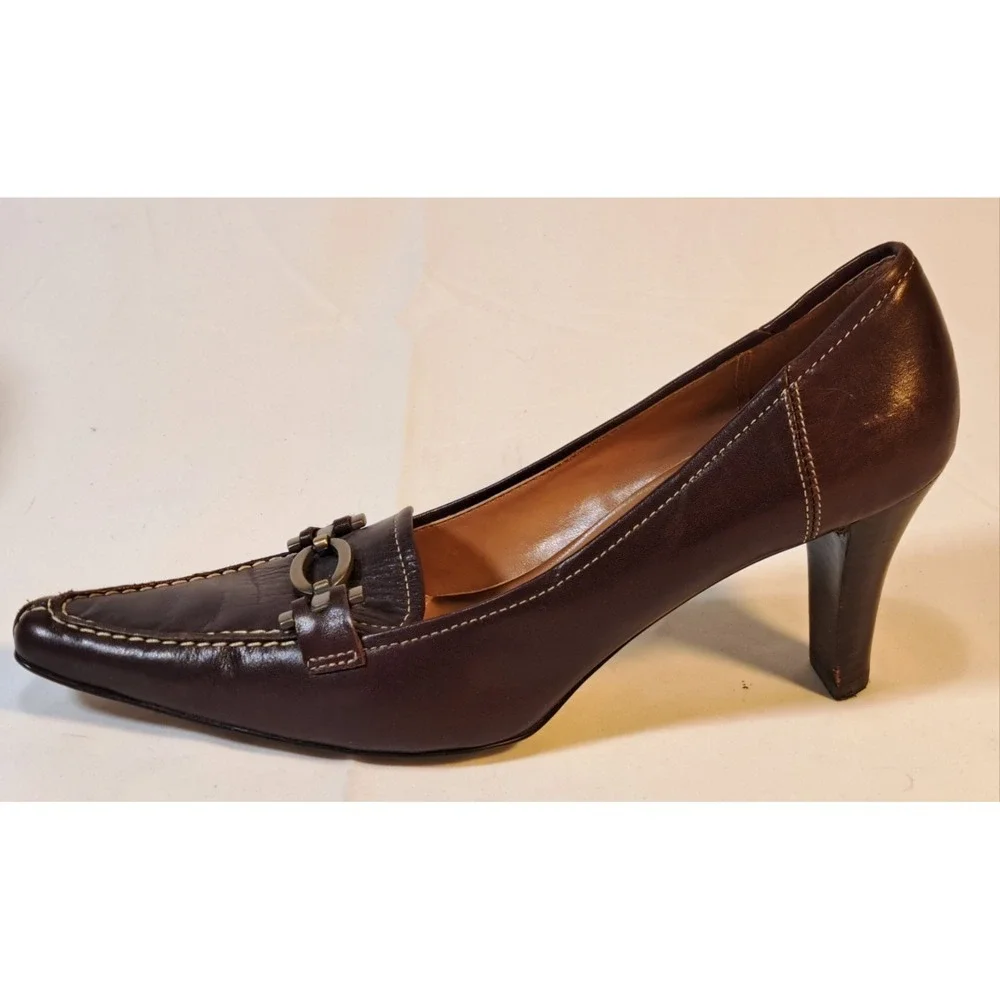 Circa Joan David Women's‎ Brown Leather Pointed Toe Heel Loafers Shoes Size 7M