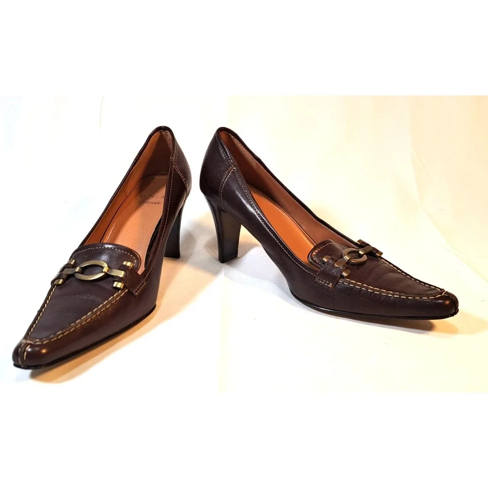 Circa Joan David Women's‎ Brown Leather Pointed Toe Heel Loafers Shoes Size 7M