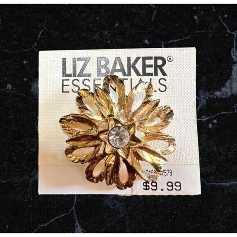 Golden Liz Baker Essentials Flower Brooch w/ Rhinestone Elegant Vintage Jewelry‎