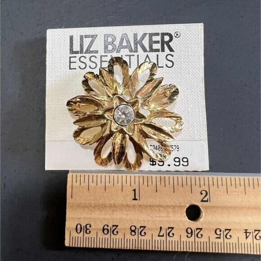 Golden Liz Baker Essentials Flower Brooch w/ Rhinestone Elegant Vintage Jewelry‎
