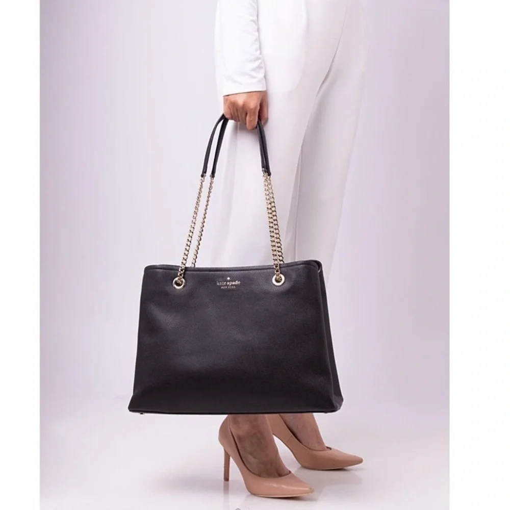 Kate Spade New York Large Black Pebbled Leather Jordyn‎ Gold Chain Handle Tote