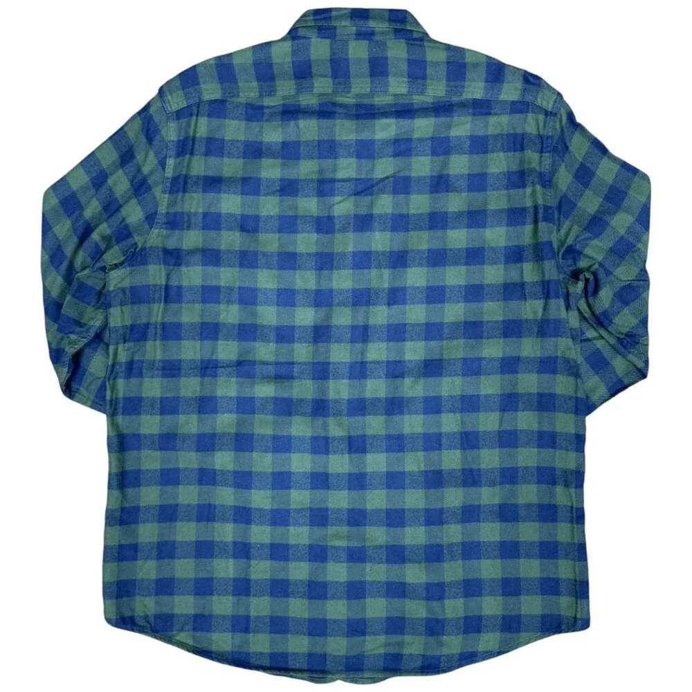 EUC Men's J. CREW Flannel Button Down Camp Shirt Navy and Green Gingham | Size L