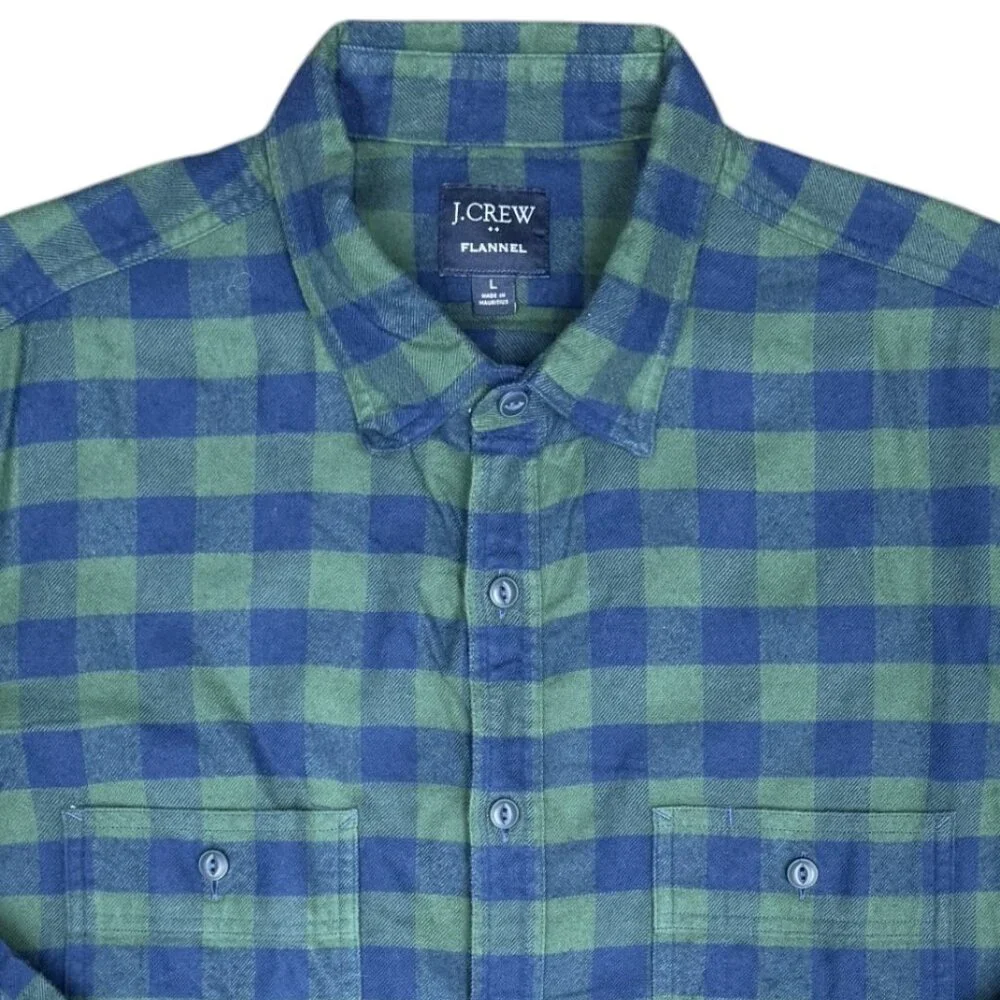 EUC Men's J. CREW Flannel Button Down Camp Shirt Navy and Green Gingham | Size L