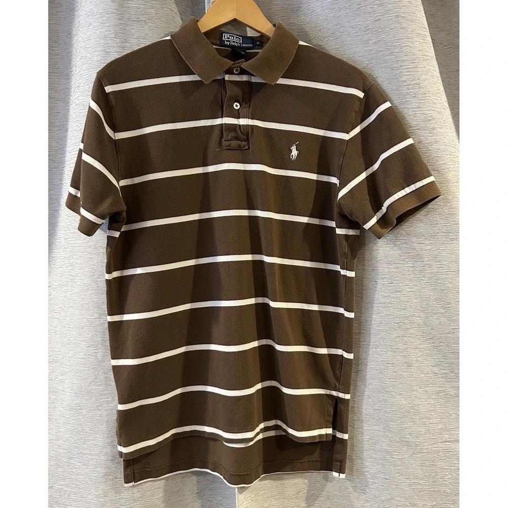 Ralph Lauren Polo Short Sleeve Brown White Stripe Boys Size Medium‎