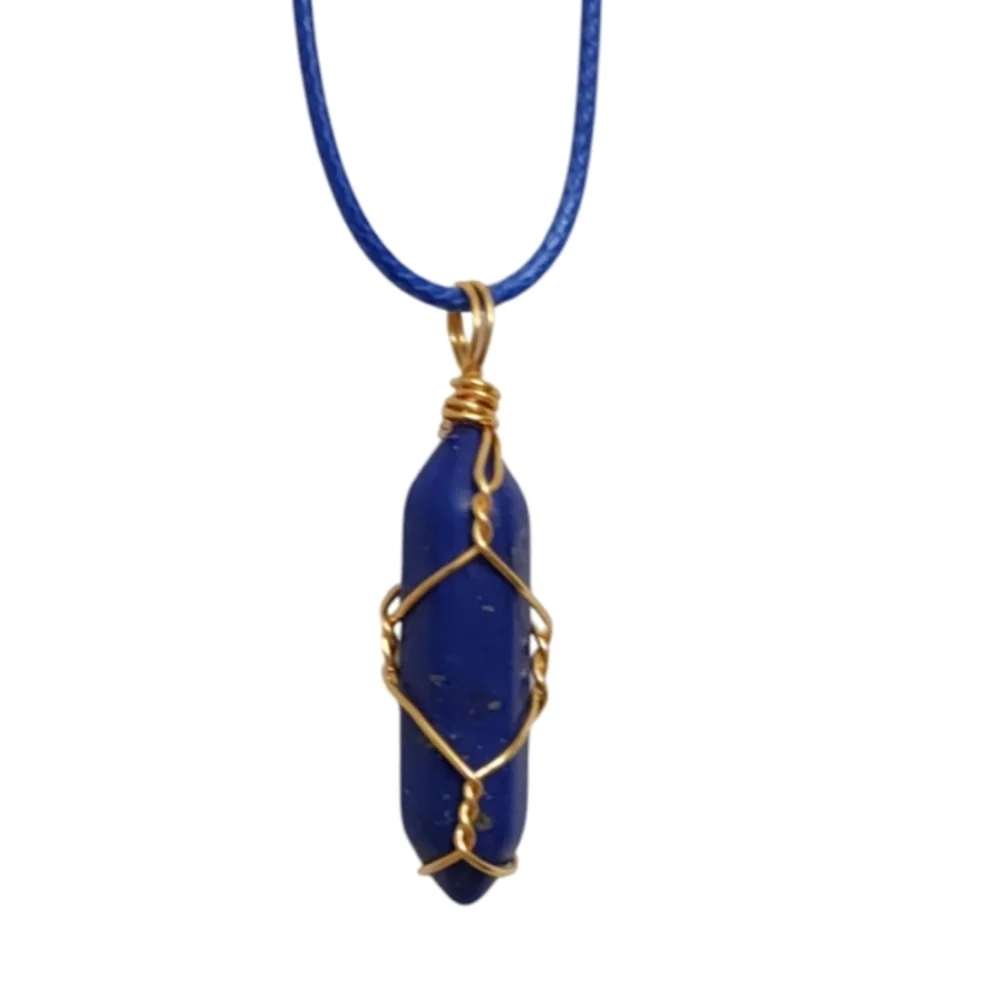 Healing Crystal 14K Gold Wire Wrapped‎ Lapis Lazuli Stone Point Pendant Necklace