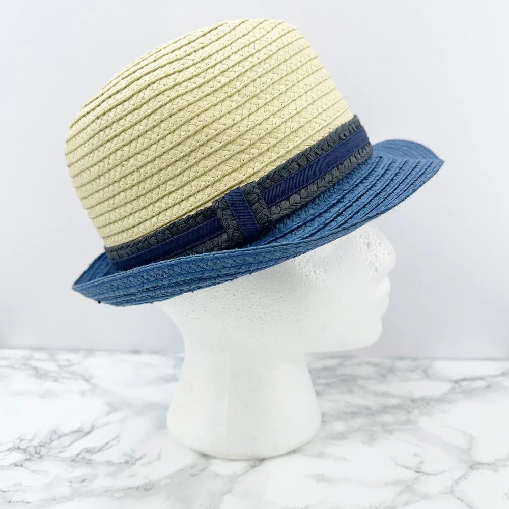 Baby Gap Color‎ Block Blue Tan Straw Fedora Hat Size S/M