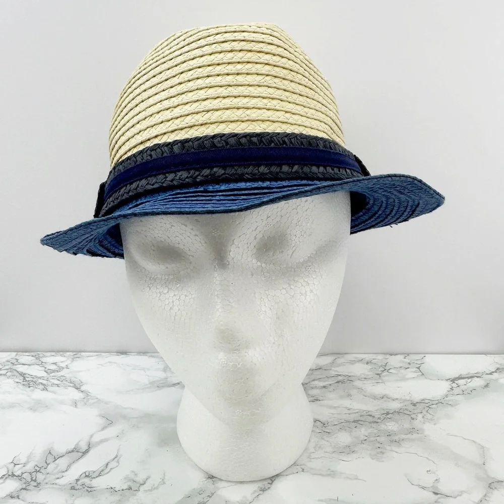 Baby Gap Color‎ Block Blue Tan Straw Fedora Hat Size S/M
