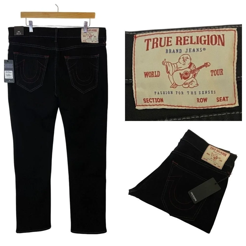 True Religion Ricky Relaxed Straight Jeans Black Rinse Red Stitch Mens 36x34 NEW