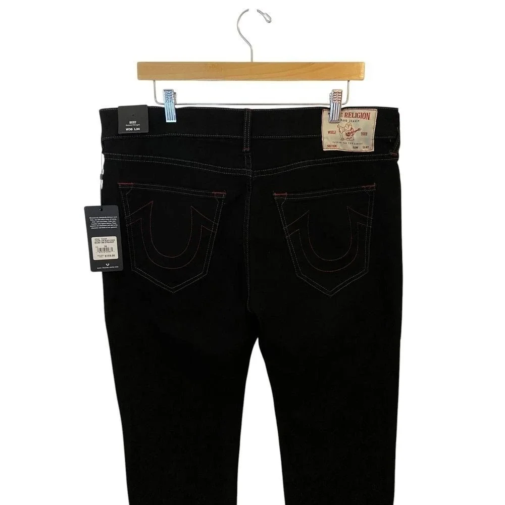 True Religion Ricky Relaxed Straight Jeans Black Rinse Red Stitch Mens 36x34 NEW