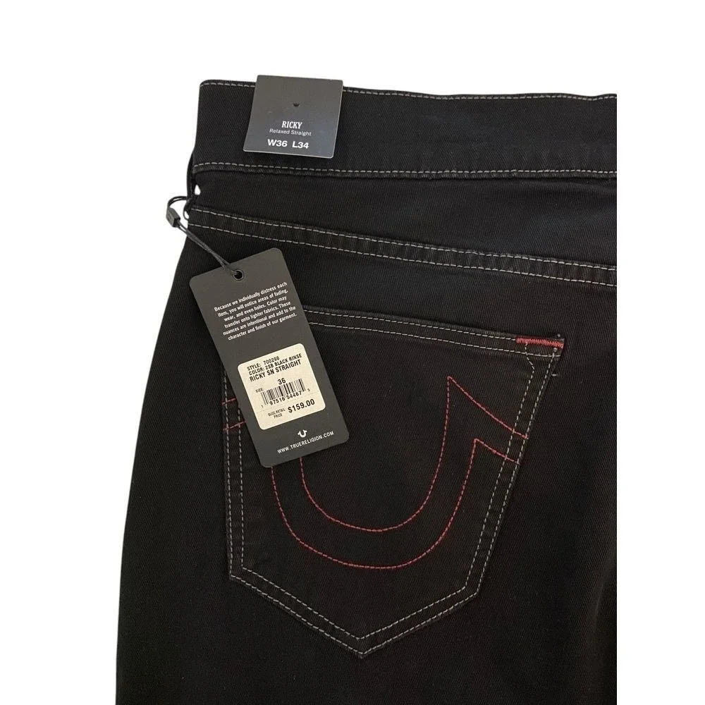 True Religion Ricky Relaxed Straight Jeans Black Rinse Red Stitch Mens 36x34 NEW