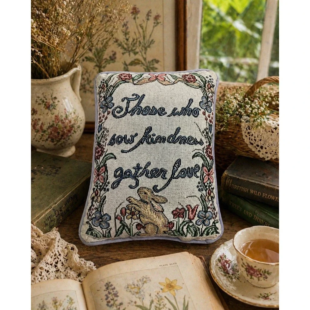 Vintage Woven Tapestry Bunny‎ Rabbit Quote Pillow Sow Kindness Gather Love 12x9