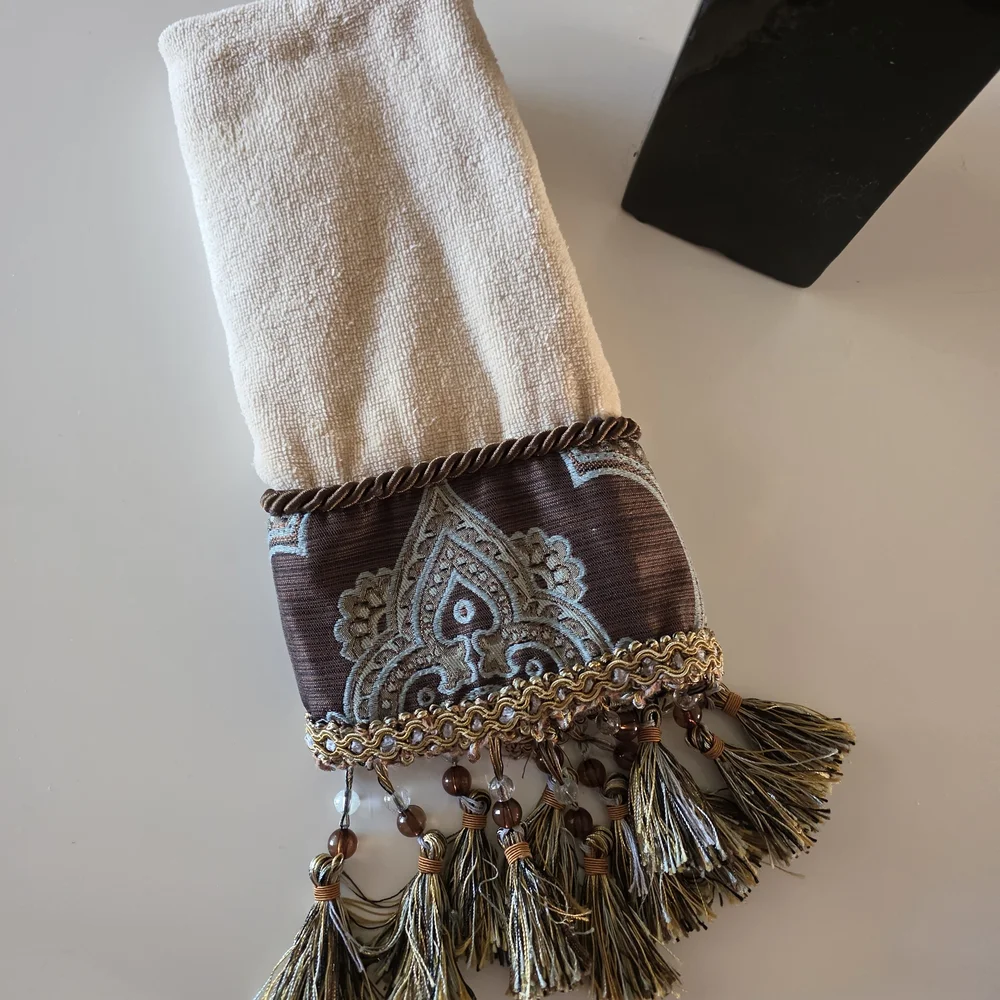 Vintage 2000s Tuscan Dream House Towel Cream and Brown Hand Towel Beaded Tassels