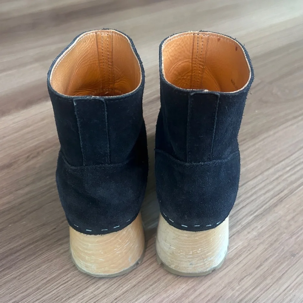 Swedish Hasbeens Bootie Wood Heel Black Suede EU 36 US 6