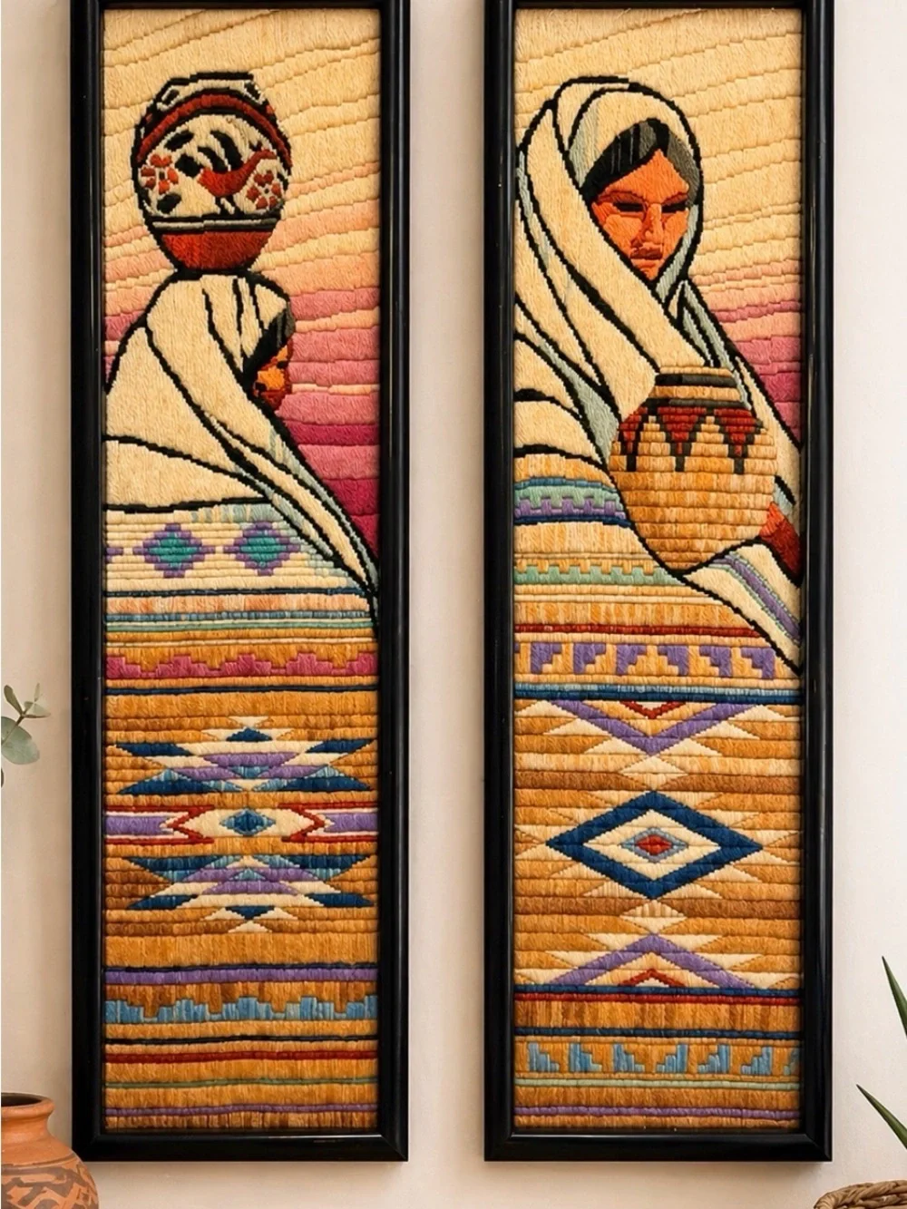 Vintage Handwoven Boho Wall Art Pair in Cream, Gold & Purple - Unbranded