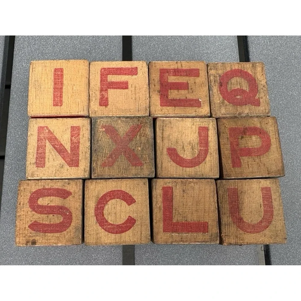 Vintage wood alphabet building blocks letters object animals pictures 1950's