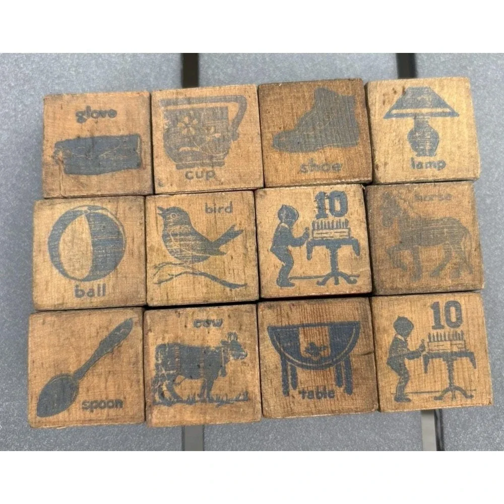 Vintage wood alphabet building blocks letters object animals pictures 1950's