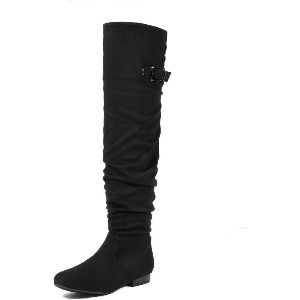 Women's Black-p Suede Over The Knee Thigh High Comfortable Low Heel Winter Boots