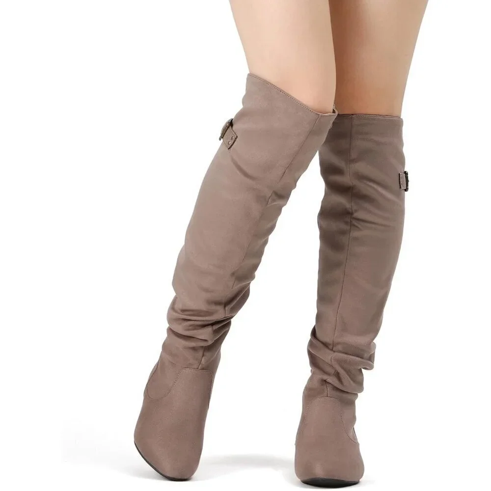 Women's Khaki Suede Over The Knee Thigh High Comfortable Low Heel Winter Boots