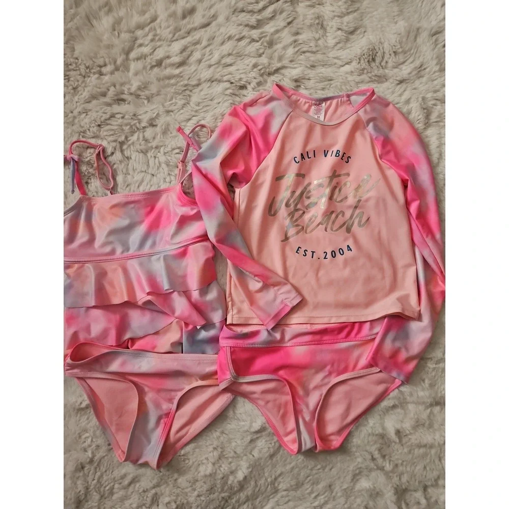 Justice Girls Swimsuit Lot Size M 10 Rash Guard Tankini 4 Pc Mix Match Tie Dye