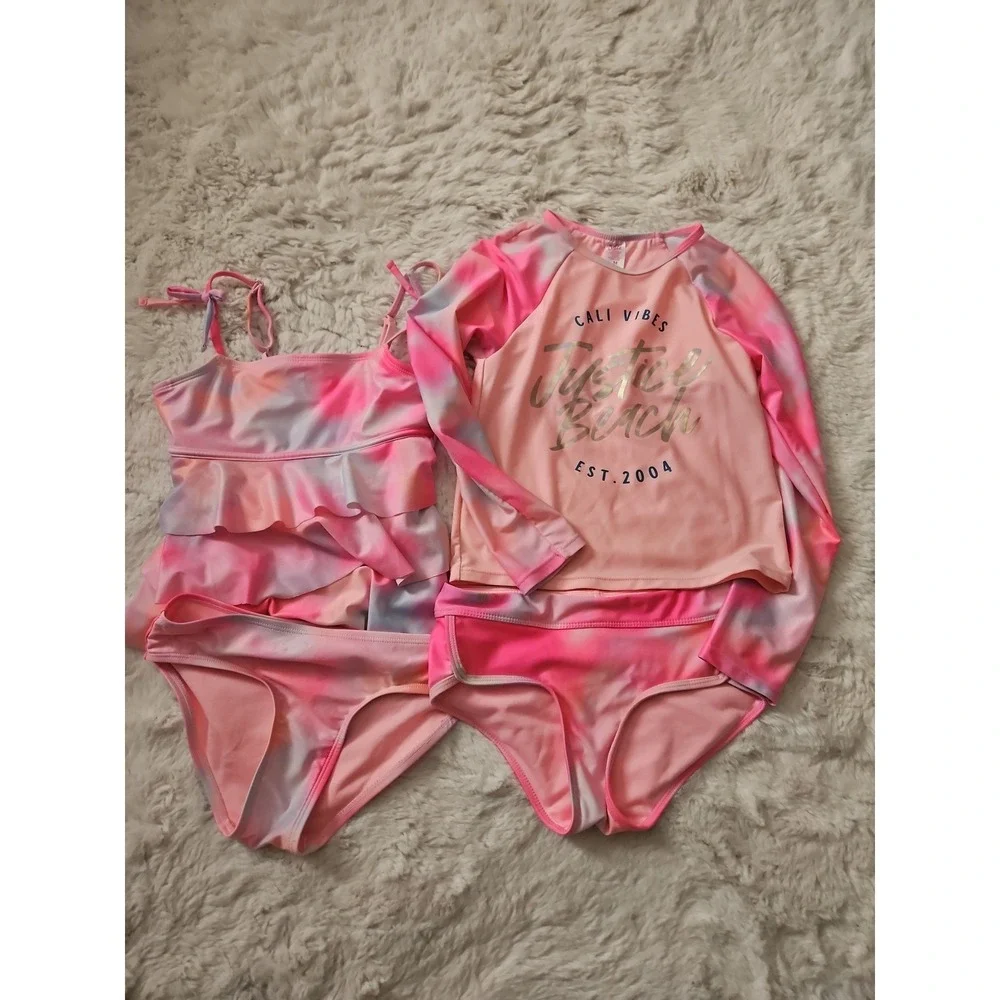 Justice Girls Swimsuit Lot Size M 10 Rash Guard Tankini 4 Pc Mix Match Tie Dye